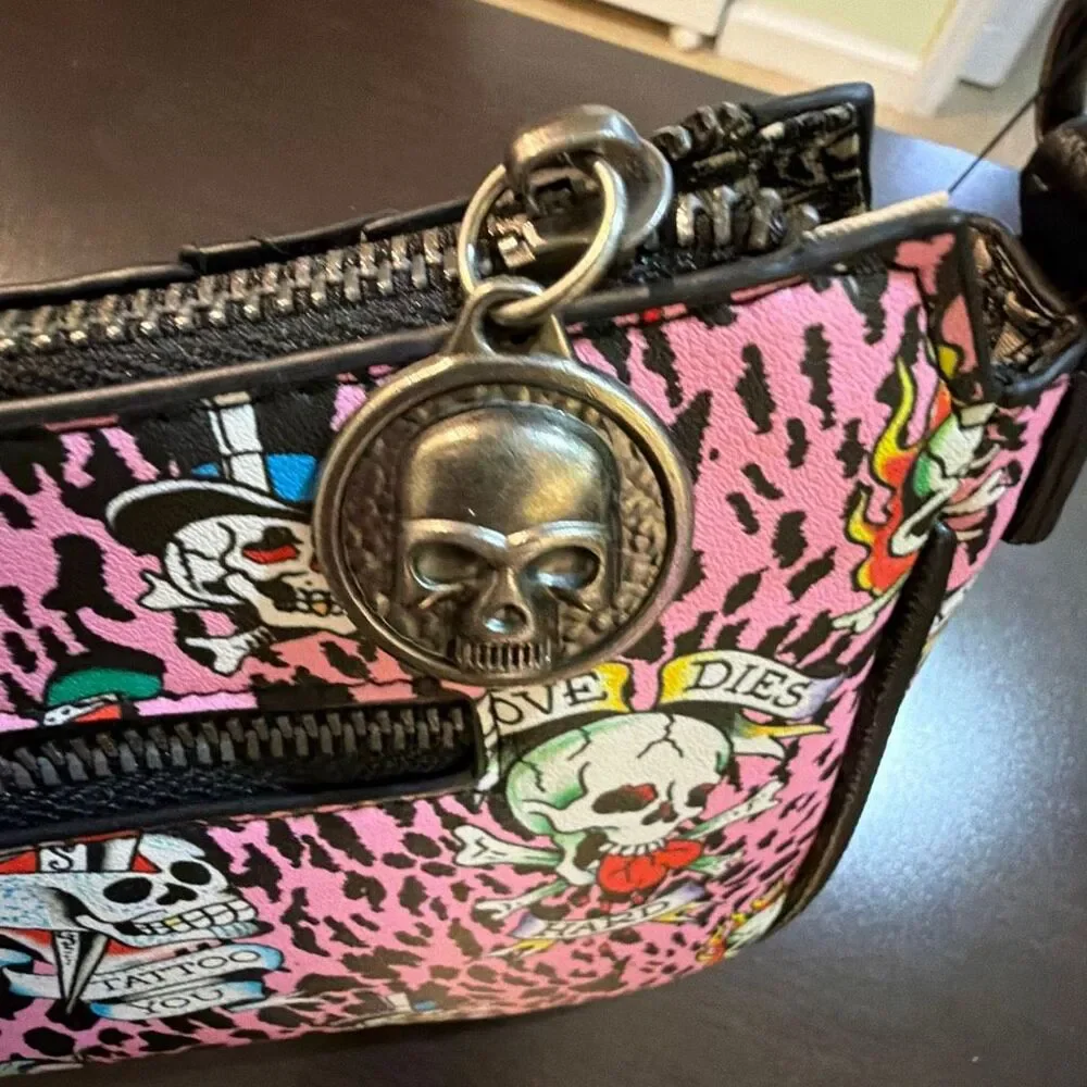 NWT Ed Hardy pink‎ leopard tattoo baguette bag